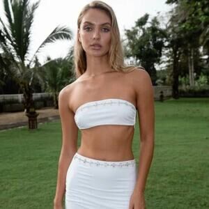 Oceanus | NWT White Aaliyah Crystal Trim Bandeau Top Mini Skirt Set XS